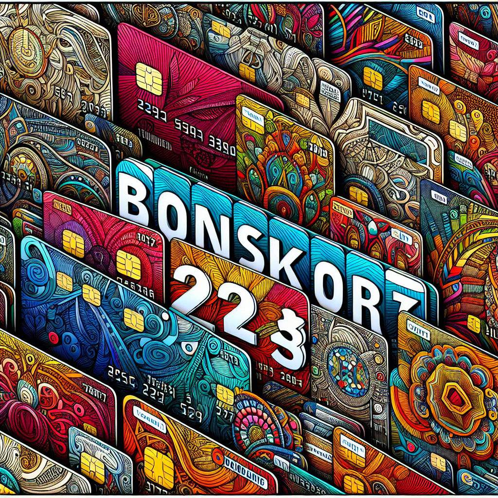 A detailed, vibrant illustration of various credit cards with the words 'Bonuskort 2023' emphasizing savings and rewards.