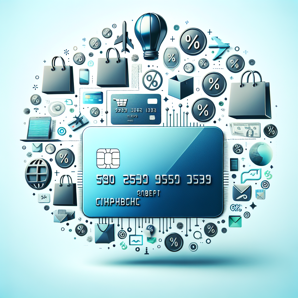 A sleek and modern image of a credit card surrounded by icons representing rewards like shopping bags, percentage symbols, and travel.