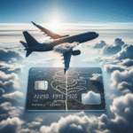 Airplane wing over clouds, symbolizing travel and exploration, with a credit card overlay illustrating savings and rewards.
