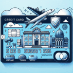 Illustration of a credit card with a travel theme, depicting benefits like flights, hotels, and insurance.