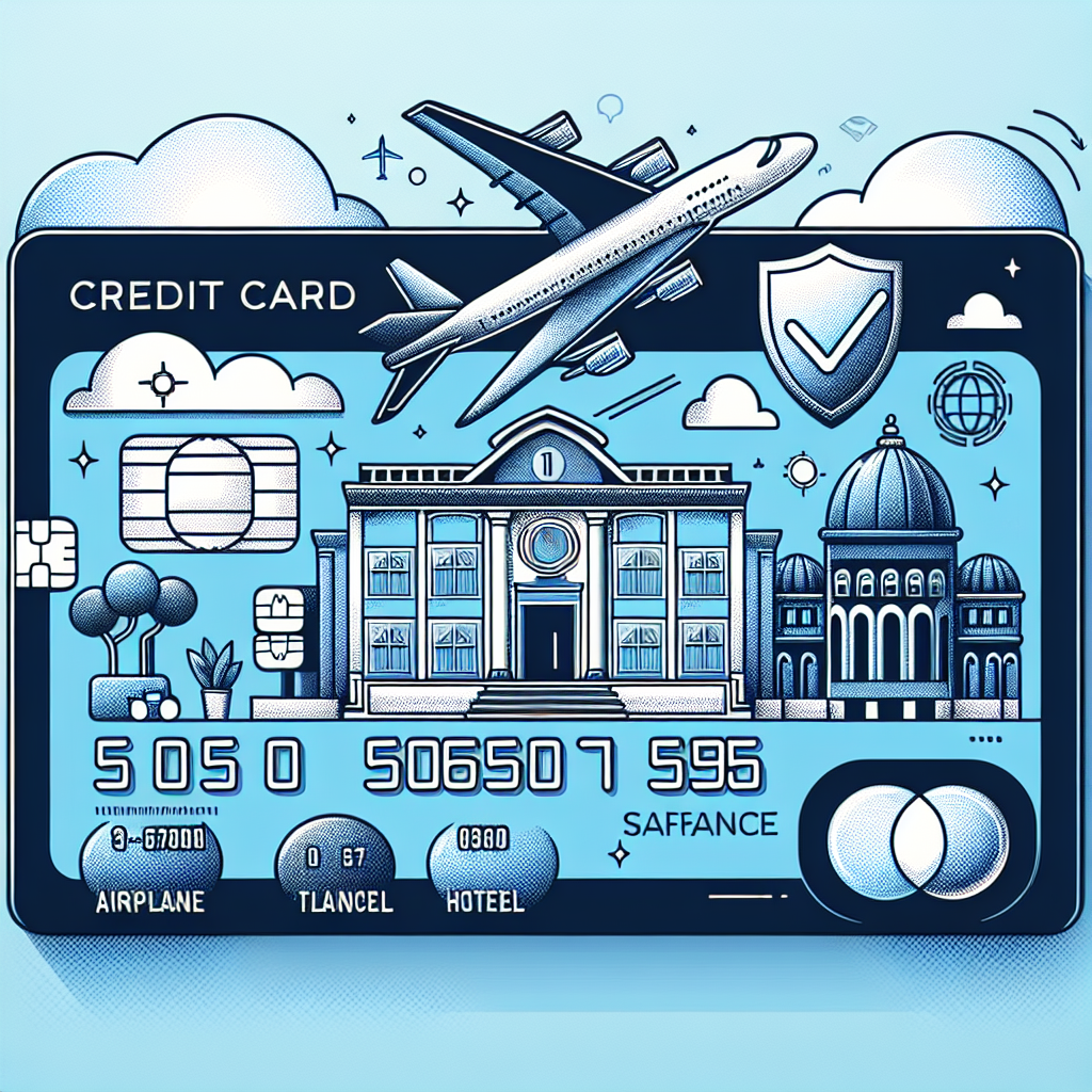 Illustration of a credit card with a travel theme, depicting benefits like flights, hotels, and insurance.
