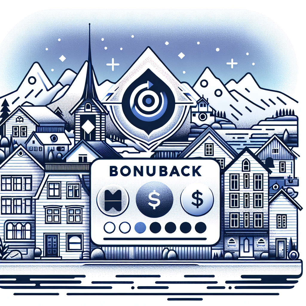 Moderne, stilisert illustrasjon av et bonuskort med poengsymboler, cashback-ikon og norske byelementer i bakgrunnen